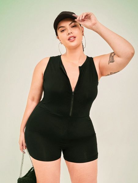 

plus zip half placket unitard romper r5fs#, Black