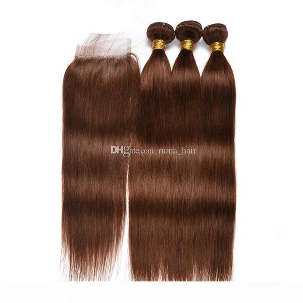 

#4 brown human hair weft with lace closure silky straight human hair weaves with lace closure brown hair extension 4pcs lot, Black;brown