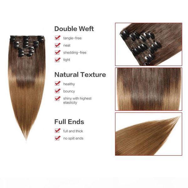 

ombre color natural real remy human hair clip in hair extensions 8''-30''remy hair for woman, Black;brown