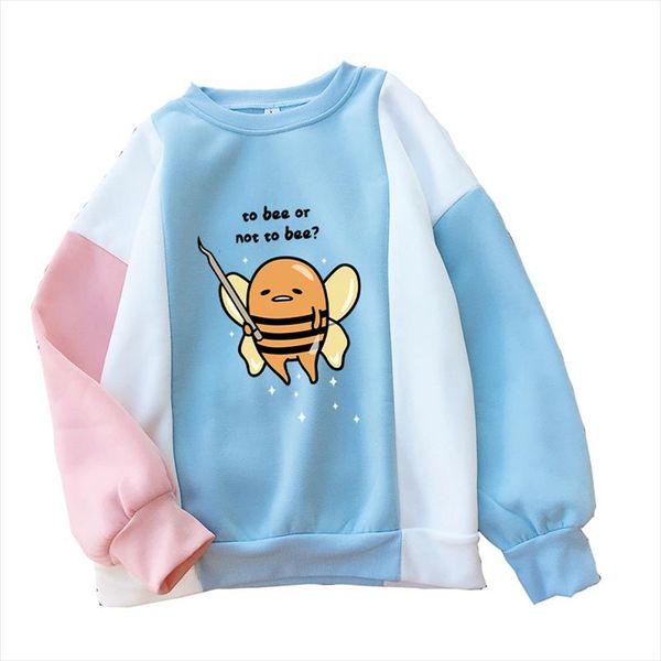 

gudetama to bee or not to bee hoodies women fleece colorblock patchwork sweatshirts casual o neck streetwear kawaii cartoon, Black