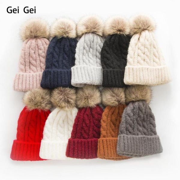 

new women knitted cotton hats cashmere blend monochrome thick wool cap girls cute multicolor wild big hair ball beanie