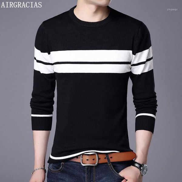 

airgracias sweater men autumn winter warm mens knitted sweaters striped casual o-neck pull homme cotton pullover for man1, White;black