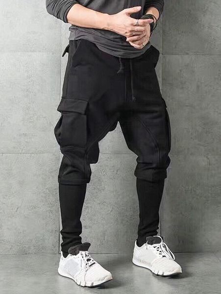 

men flap pocket side drawstring waist 2 in 1 sweatpants h3rq#, Black