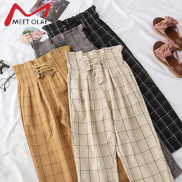 

women's pants & capris japanese harajuku casual trousers for women 2021 fashion lace up high waist ankle length loose plaid harem stree, Black;white