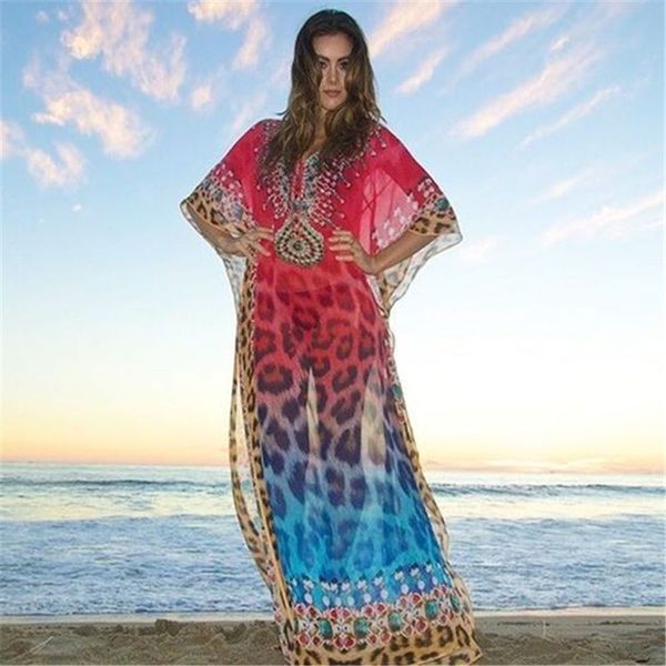 Copricostume bikini Rosso Bohemian Leopard stampato Summer Beach Dress Tunica in chiffon Abbigliamento da spiaggia per donna Costume da bagno Cover Up Q993 T200324