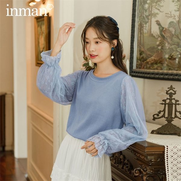 

inman autumn new arrival literary round collar patchwork mesh lace bubble knit pullover sweater 201223, White;black