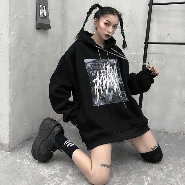 

2020 loose hoodie harajuku hoodies gothic spring women patchwork sweatshirt clothes crop streetwear print casual punk gothi ghwle, Black