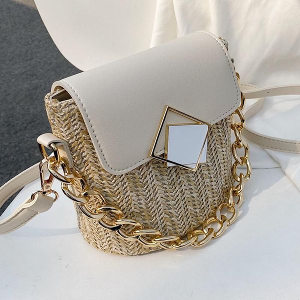 

fashion straw women's shoulder bag wicker woven women handbags chain panelled lady crossbody bags for women summer beach bag new