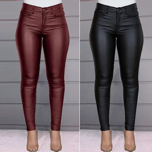 

women's solid color pu leather pants casual high waist button coated feet pants women trousers, Black;white