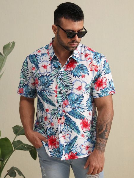 

extended sizes men random tropical print shirt 57ie#, White;black
