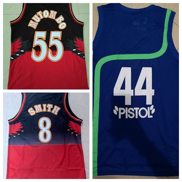 

mens pistol pete 44 maravich dikembe 55 mutombo steve 8 smith retro basketball jersey, Black;red