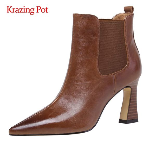

krazing pot stretch boots natural leather high street fashion pointed toe high strange heel slip on elegant lady ankle boots l03, Black