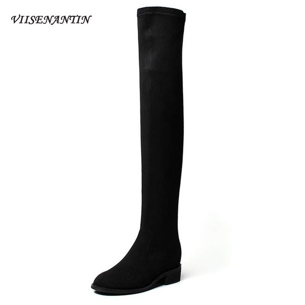 

boots round toe back zipper over the knee women's autumn winter thick heel elastic thin mid-heel leather, Black