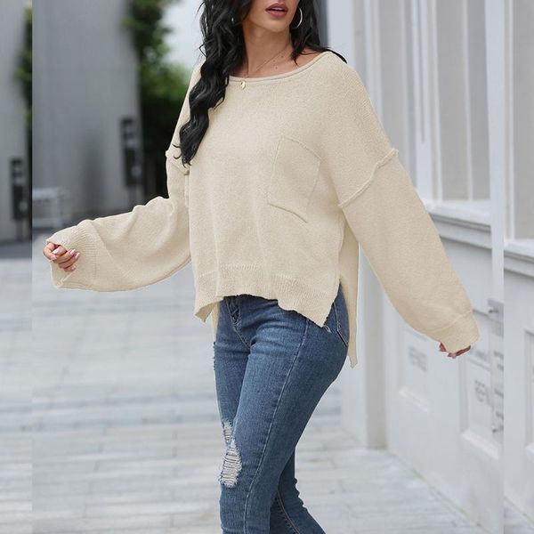 

women long sleeve o-neck sweater side slit high low solid loose knit jumper, White;black