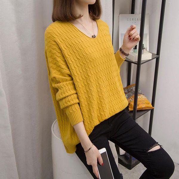 

women's sweaters loose knitted pullovers 2021 spring fashion v neck long sleeve simple plus size ladies sweater jumper kobieta swetry, White;black