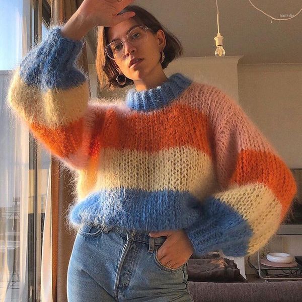 

rainbow striped knit pullover sweater turtleneck women long sleeve fashion loose 2020 autumn streetwear winter clothes for women1, White;black