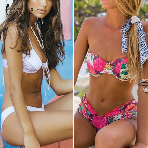 

miyouj ruffle bikini off shoulder floral swimsuit bandage bow swimwear push up biquini feminino bathing suit women bikini set lj200825, White;black