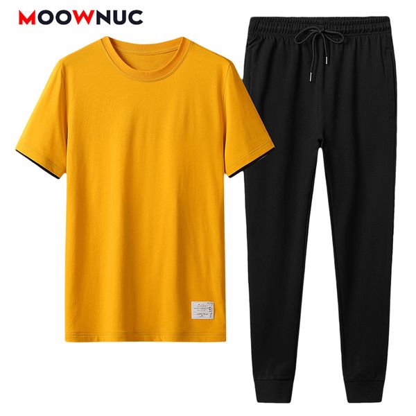 

men's set t-shirt + trousers cotton new 2020 male jogger fit youth two piece suit fashion mens spring casual solid moownuc lj201126, Gray