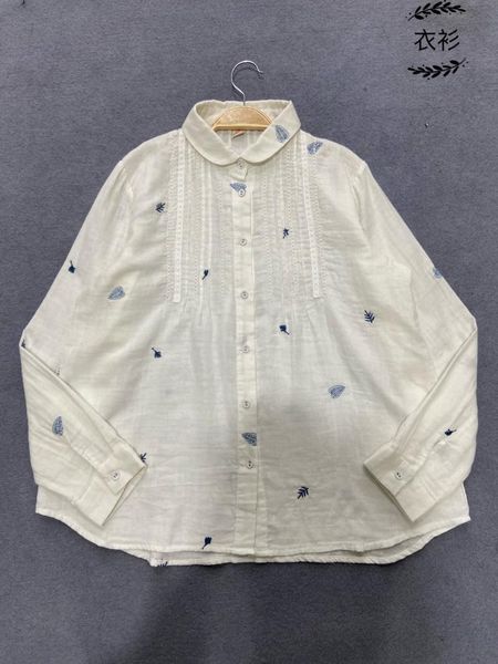 

japanese literary floral embroidery long sleeve shirt female new sweet cotton shirt, White
