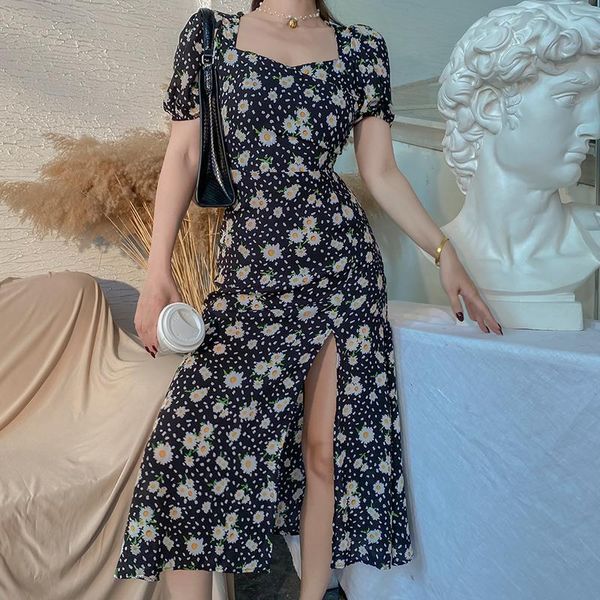 

2021 new elegant french vintage black small daisy floral drape dresses mid-calf square collar chiffon split long dress for women, White;black