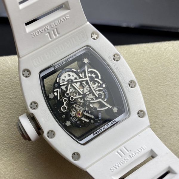 

level version rm055 skeleton dial white nano-ceramic composites case japan miyota automatic rm 055 men watch white ruubber strap watches, Slivery;brown
