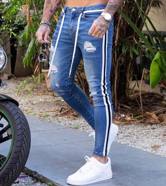 2020 Erkekler Boyalı Sıska Slim Fit Düz Ripped Sıkıntılı Pileli Diz Yama Denim Pantolon Stretch Jeans S-3XL