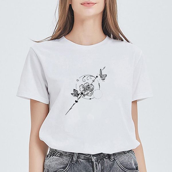 

новая футболка женщины битник kawaii cool мода красивая роза бабочка футболка повседневная панк тройник футболка винтаж ropa mujer, White