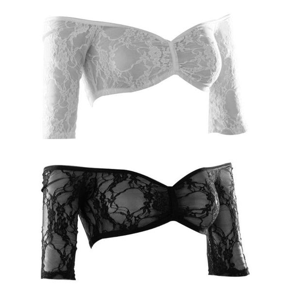 

women seamless arm shaper half sleeve strapless off shoulder lace crop top, White