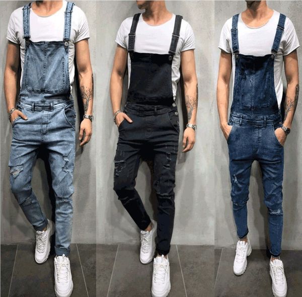 

mens sell overalls hole jeans skinny button sling pants male vintage solid seasons male clothing, Blue