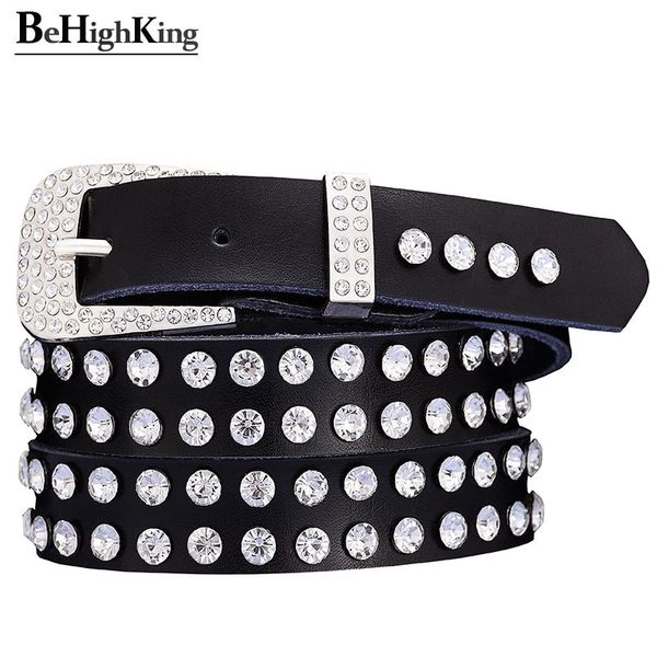 

fashion genuine leather belts for women quality shining rhinestone belt female narrow cow skin pin buckle waistband width 2.3 cm y200501, Black;brown