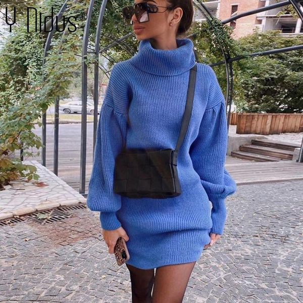 

casual dresses autumn winter warm dress 2021 elegant high neck white knitted mini office loose lantern sleeve straight tube, Black;gray