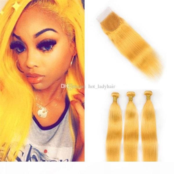 

colored yellow virgin malaysian straight human hair weave bundles with lace closure light yellow virgin hair wefts extensions and closure, Black;brown