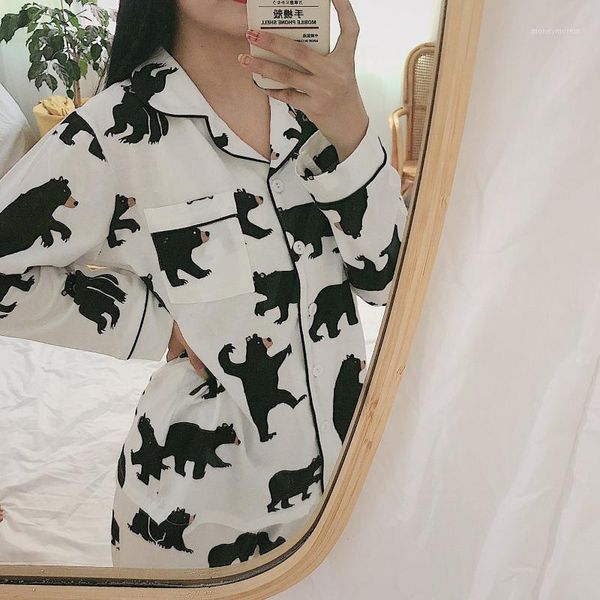 

women's sleepwear japanese and korean pajamas female student girl spring summer cartoon ins wind cute casual home service two-piece sui, Black;red