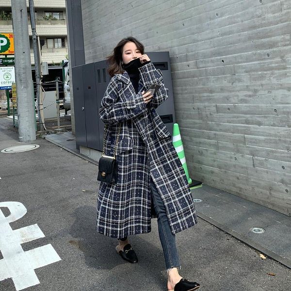 

herstory new autumn winter women long wool blends jackets women loose tweed plaid jackets trench coats outerwear oversize1, Black