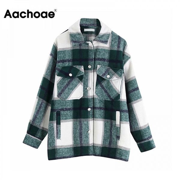 

aachoae women plaid jackets coat elegant ladies turn down collar wool blend coats long sleeve spring jackets female outwear 201026, Black;brown