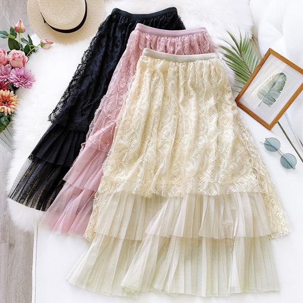 

fashion summer midi lace skirt women 2020 elastic high waist irregular mesh skirts elegant party skirt female saia jupe femme1, Black