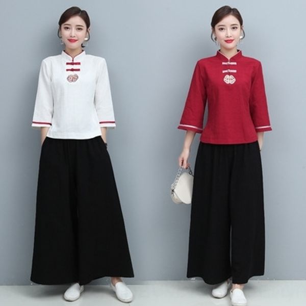 

t3cht женщина топ китайский стиль цвета matchingembroidered новых штаны pantstop широких ног pantswide брюки ноги костюма для 2020 lv1eu, Gray