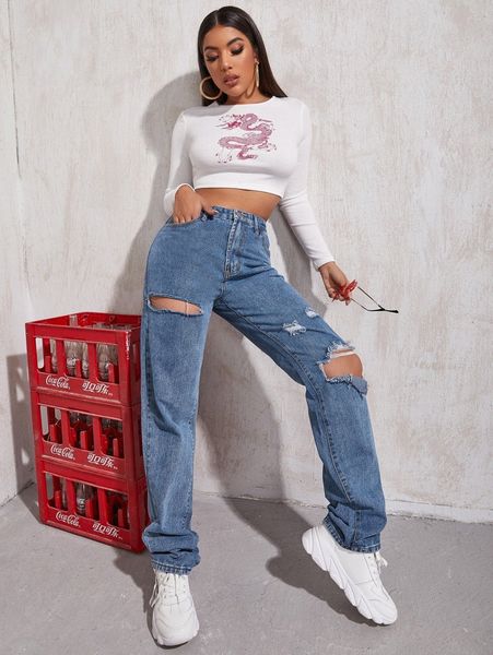 

high waist ripped boyfriend jeans u2rv#, Blue
