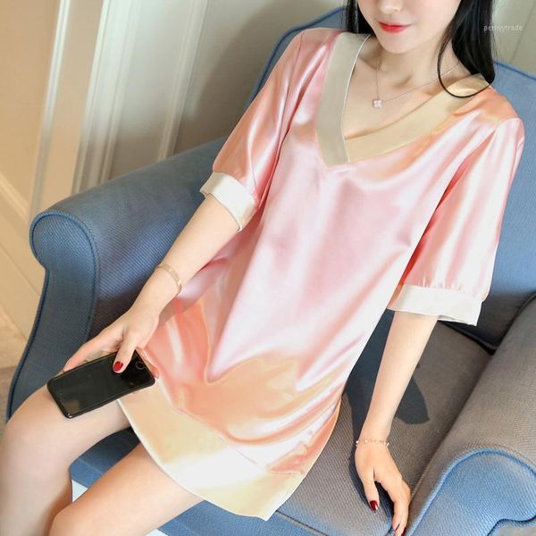 

women's sleepwear ice silk nightgowns women half sleeve sleepdress nightdress mini dress 2021 black pink color ad5791, Black;red