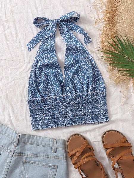 

leopard shirred halter h2ip#, White