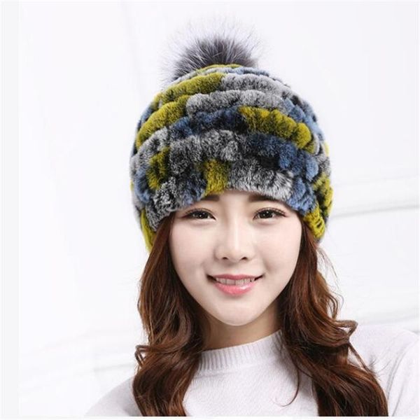 

women winter genuine rex fur hat with furry pompom fashion fall warm knitted cap for female stripe beanies h8, Blue;gray