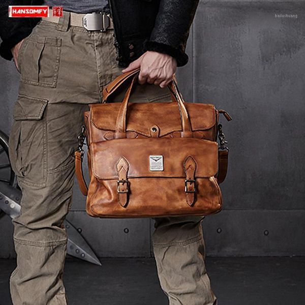 

men's handbag official business briefcase men lapbag cowhide shoulder bag retro travel portable bags new first layer leather1