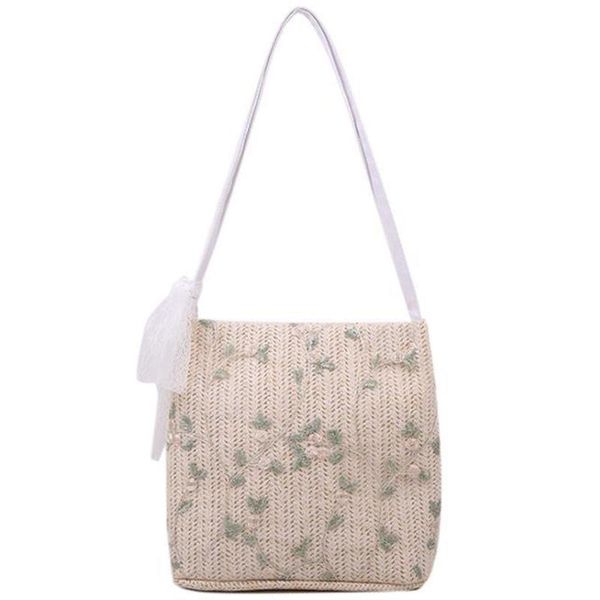 

cross body fairy lace wild large-capacity bucket portable straw woven bag women's single shoulder small fresh shopping