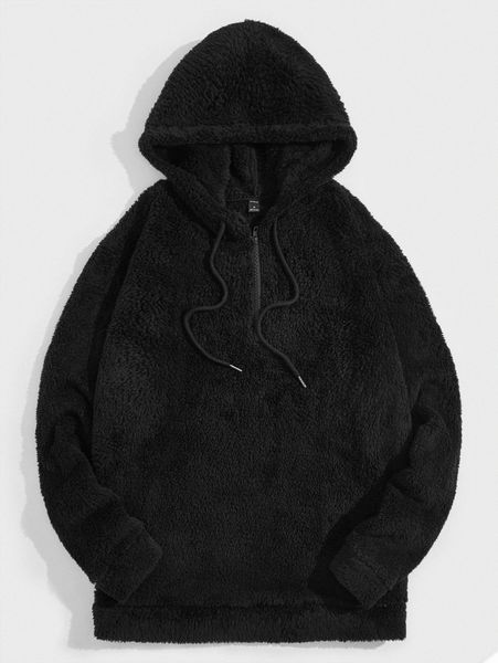 

men quarter zip drawstring flannel hoodie a9uw#, Black