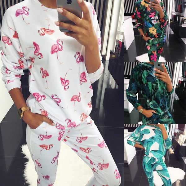 

lugentolo women's 2 piece set new print round neck fashion casual straight multi-color head nine pants suit x0923, Gray
