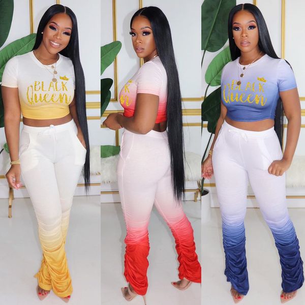 

spot 2021 european and american spring and autumn women's gradient color round neck short sleeve suit, White