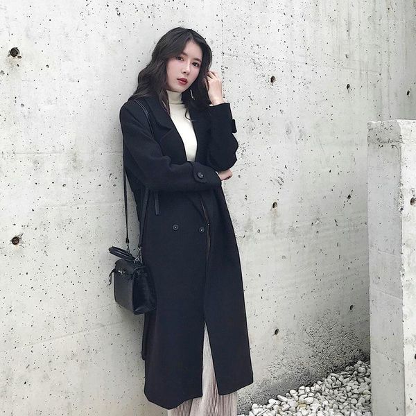 

temperament women wool fashion coat wool coat korean medium length outerwear autumn winter woolen outerwear loose1, Black