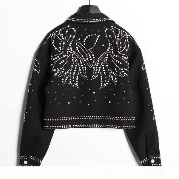 

deat]2019 spring woman handsome black turn-down collar spliced rivet diamonds sequins long sleeve loose coat jacket ld55, Black;brown