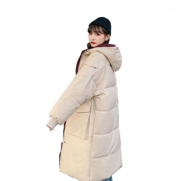 

new 2020 winter loose mid-length cotton padded jacket solid long sleeve splice zipper thick warm hooded women parka fashion w221, Black