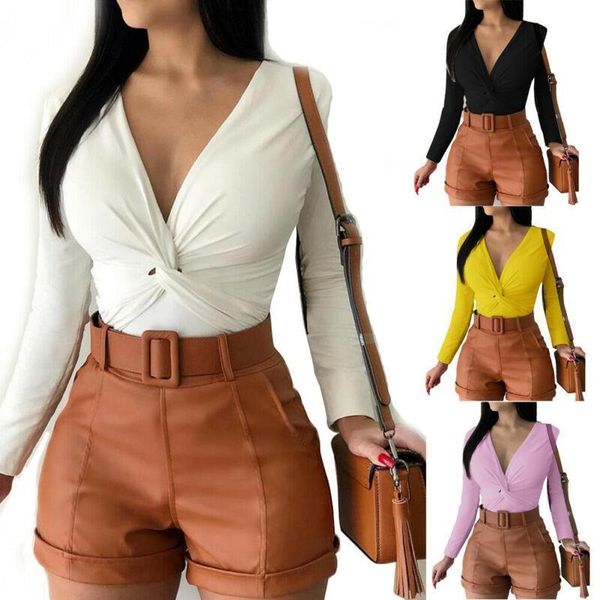 

женщины глубокий v-образным вырезом с длинным рукавом классный блуза управление леди передней twist хем блуза chemisier femme blusas mujer д, White